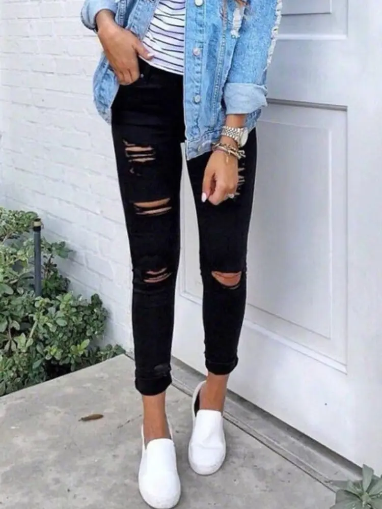 Denim Pencil Pant Women Jeans Long Pants Slim Mom Jeans High Waist Hole Trousers Y2k Streetwear Elegant Splice Slim Bodycon