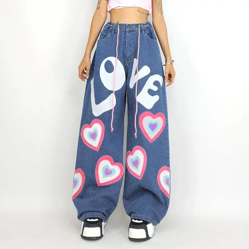 Women Jeans Denim Pants Floor Length Pant Casual Loose Straight Trousers Print High Waist Button Simple Y2k Mom Jeans Streetwear