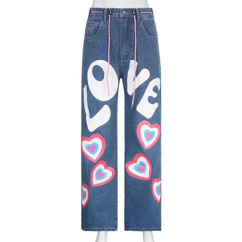Women Jeans Denim Pants Floor Length Pant Casual Loose Straight Trousers Print High Waist Button Simple Y2k Mom Jeans Streetwear