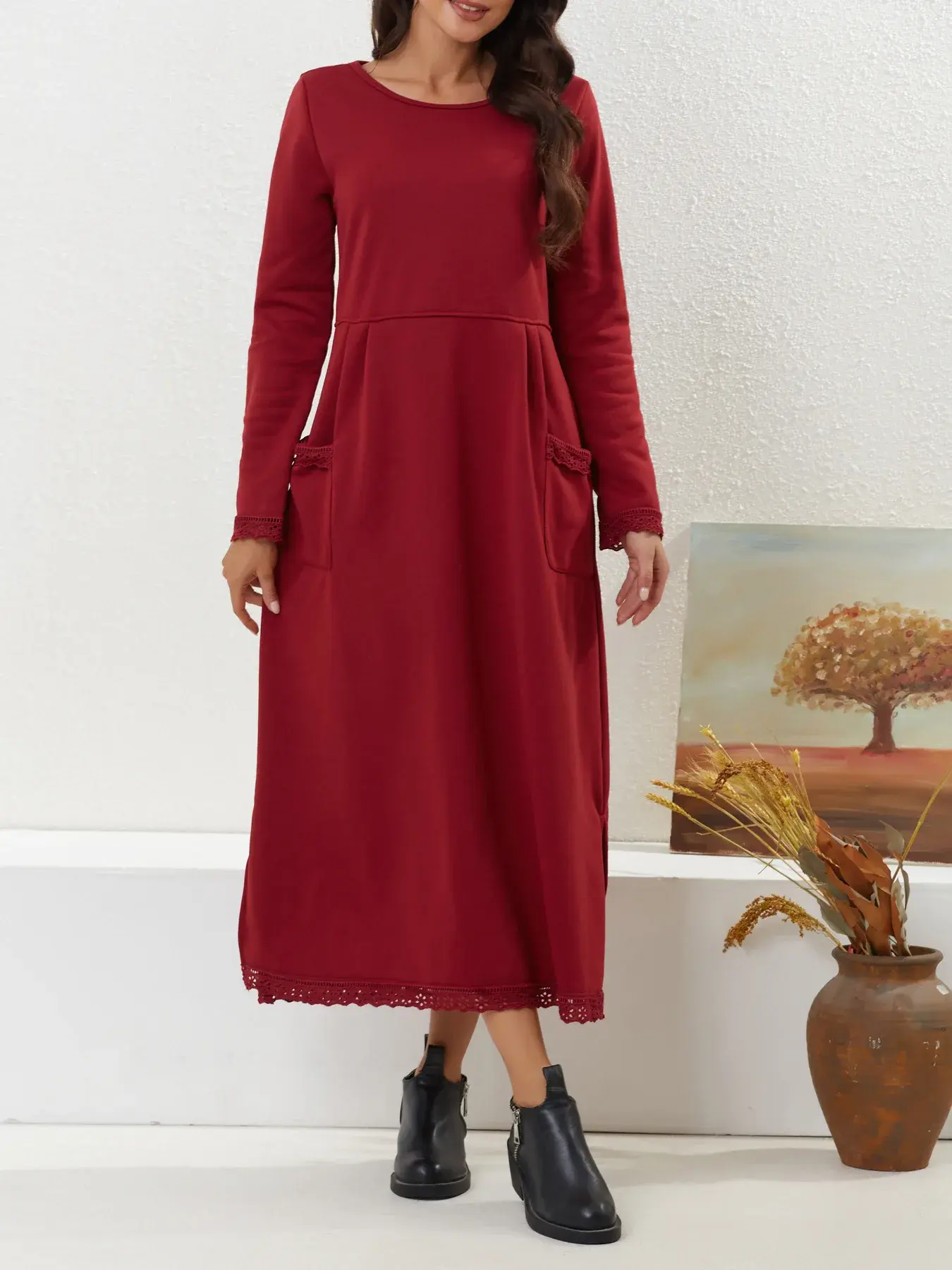 Women Lace Hem Dresses Autumn Winter Casual Big Pocket Sweaters Dress Long Sleeved Casual Loose Office Lady Vestidos 2023