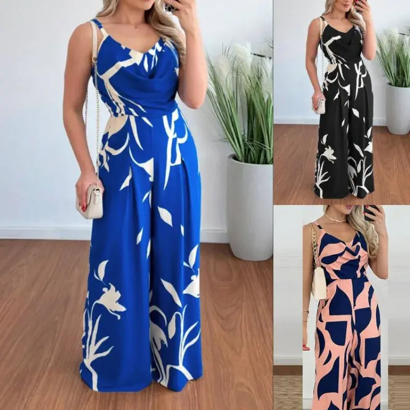 Jumpsuits Women Sexy Pullover Rompers Wide Leg Pants Ankle Length One Piece Print Loose Casual Backless Summer Party Beach