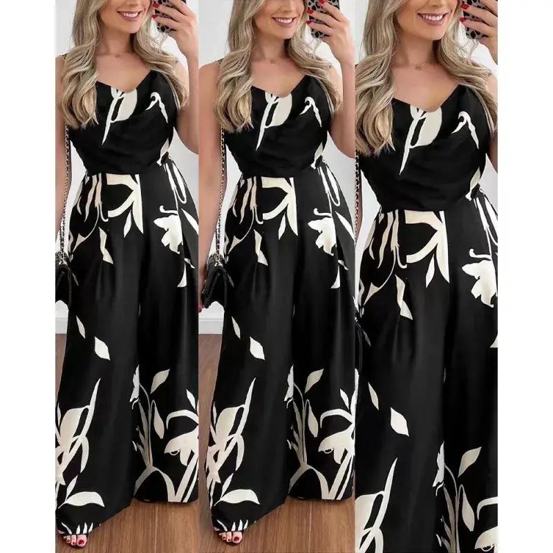 Jumpsuits Women Sexy Pullover Rompers Wide Leg Pants Ankle Length One Piece Print Loose Casual Backless Summer Party Beach