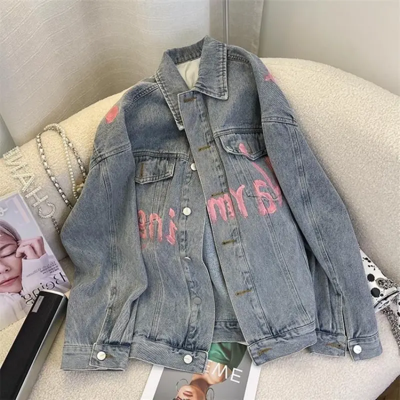 Denim Coats Women Coat Single Breasted Print Letter Casual Loose Turn Down Collar Y2k Streetwear Jackets Maxi Jacket 2025