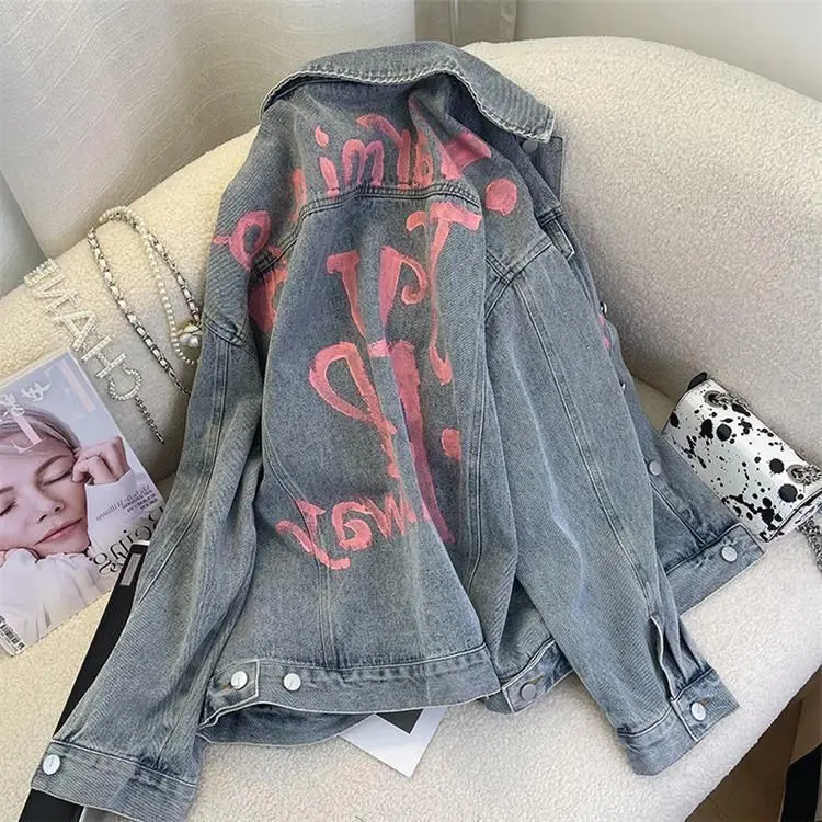 Denim Coats Women Coat Single Breasted Print Letter Casual Loose Turn Down Collar Y2k Streetwear Jackets Maxi Jacket 2025