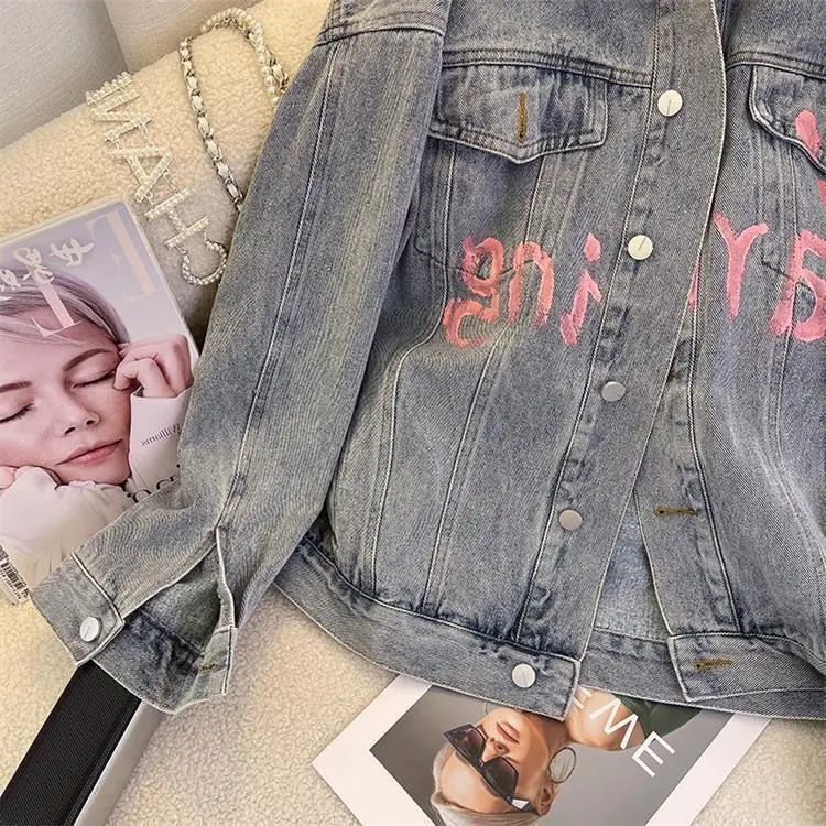 Denim Coats Women Coat Single Breasted Print Letter Casual Loose Turn Down Collar Y2k Streetwear Jackets Maxi Jacket 2025