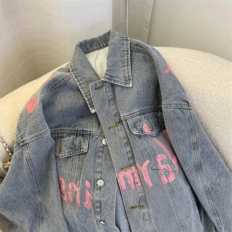 Denim Coats Women Coat Single Breasted Print Letter Casual Loose Turn Down Collar Y2k Streetwear Jackets Maxi Jacket 2025