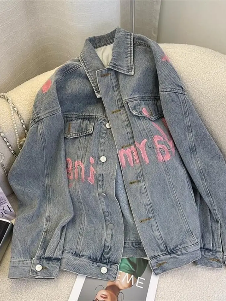 Denim Coats Women Coat Single Breasted Print Letter Casual Loose Turn Down Collar Y2k Streetwear Jackets Maxi Jacket 2025