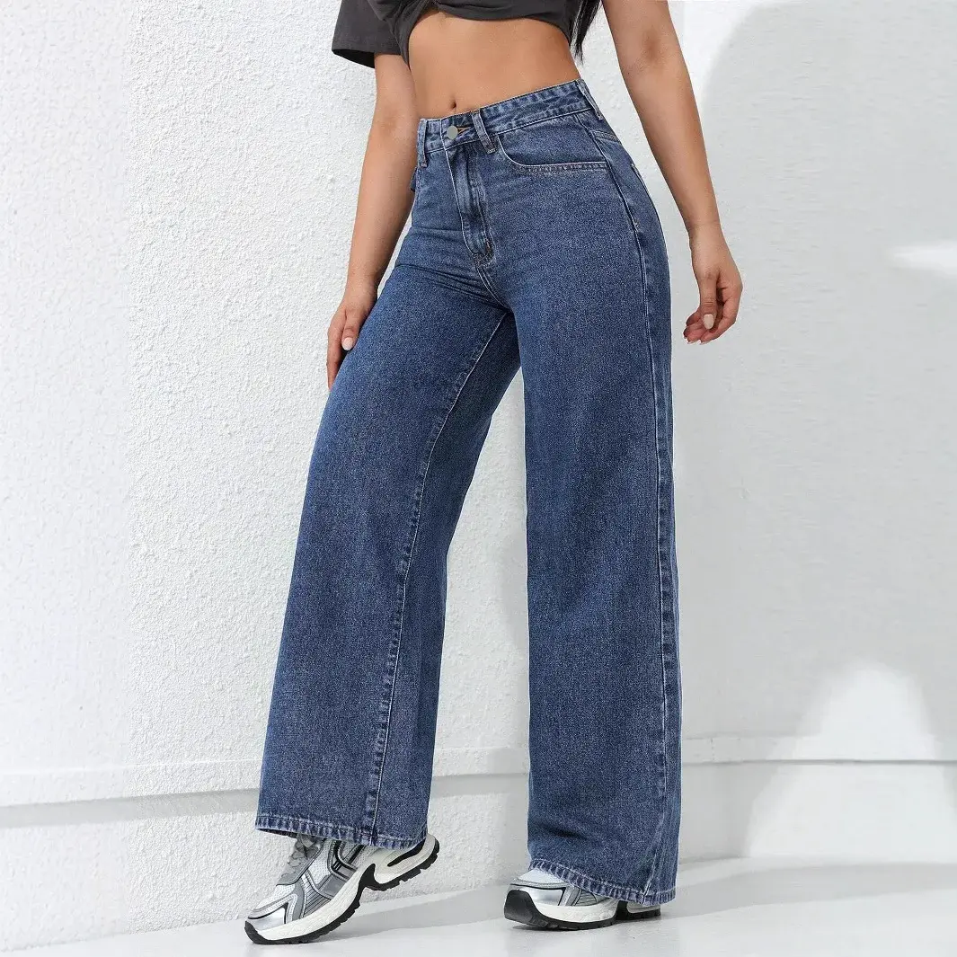 Denim Wide Leg Pants Women Mom Jeans Vintage High Waist Washed Distressed 2025 Y2k Streetwear Floor Length Straight Trousers