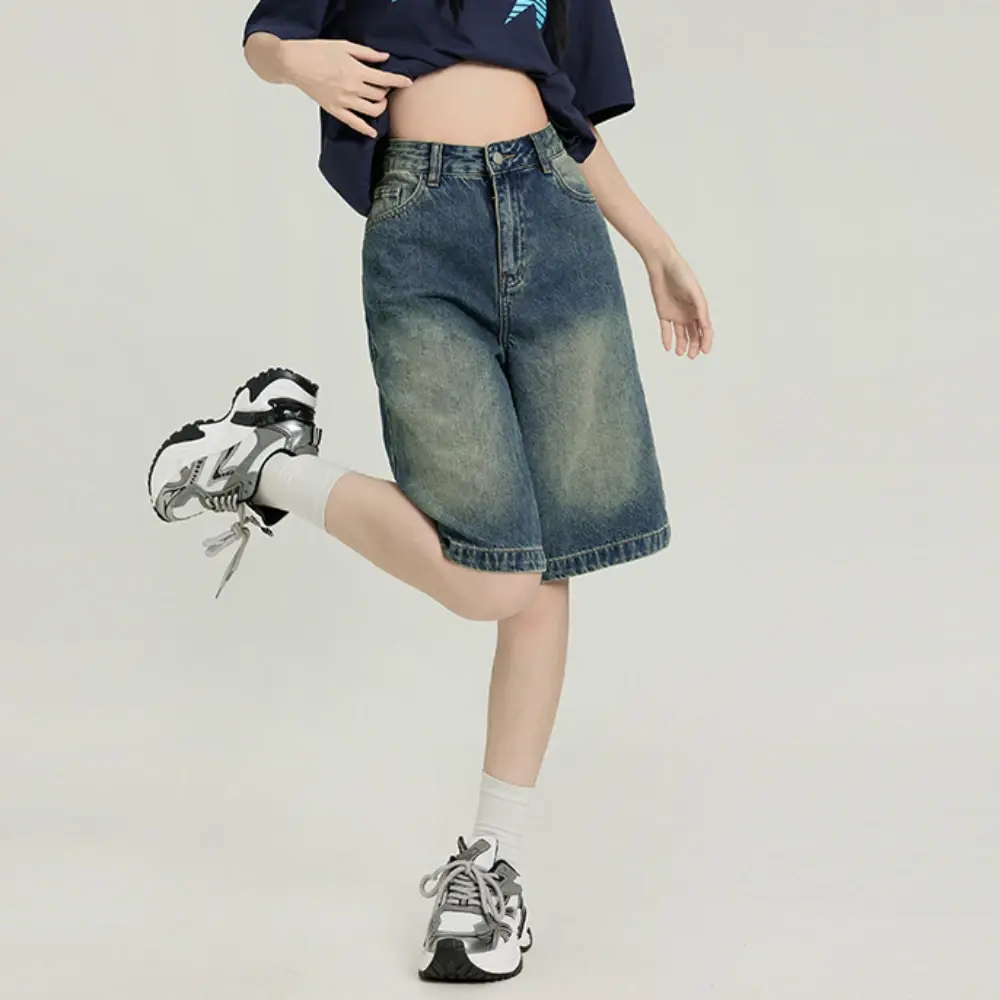 Bleached Vintage Women Knee Length Jeans Loose Straight Jean High Waist Washed Zipper Fly Pockets Casual Solid 2025 Summer