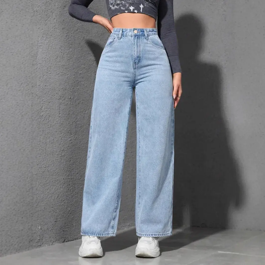 Denim Wide Leg Pants Women Mom Jeans Vintage High Waist Washed Distressed 2025 Y2k Streetwear Floor Length Straight Trousers