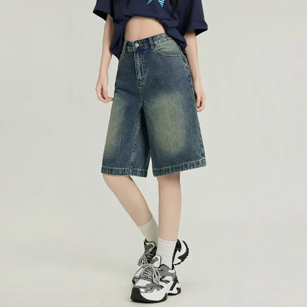 Bleached Vintage Women Knee Length Jeans Loose Straight Jean High Waist Washed Zipper Fly Pockets Casual Solid 2025 Summer