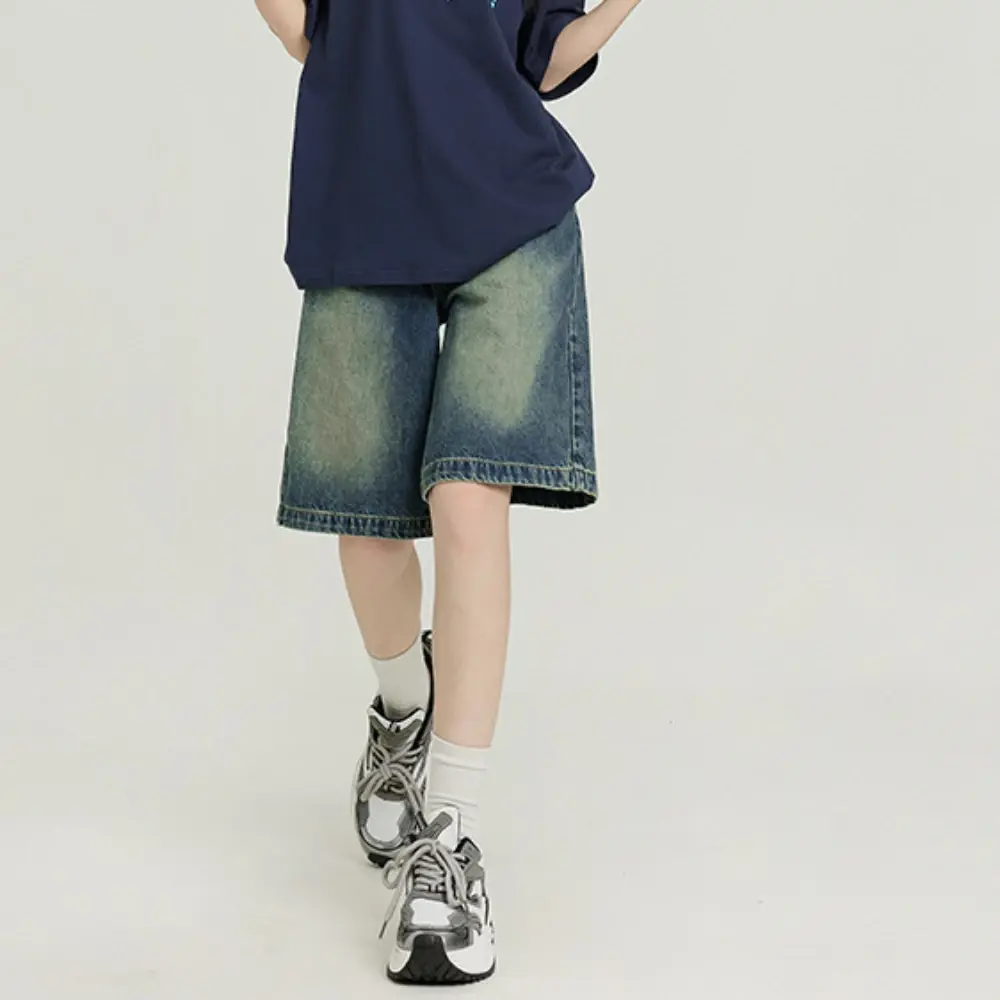 Bleached Vintage Women Knee Length Jeans Loose Straight Jean High Waist Washed Zipper Fly Pockets Casual Solid 2025 Summer
