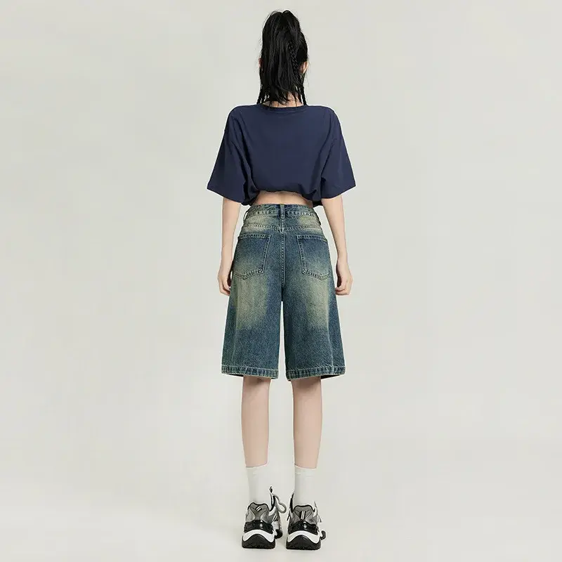 Bleached Vintage Women Knee Length Jeans Loose Straight Jean High Waist Washed Zipper Fly Pockets Casual Solid 2025 Summer