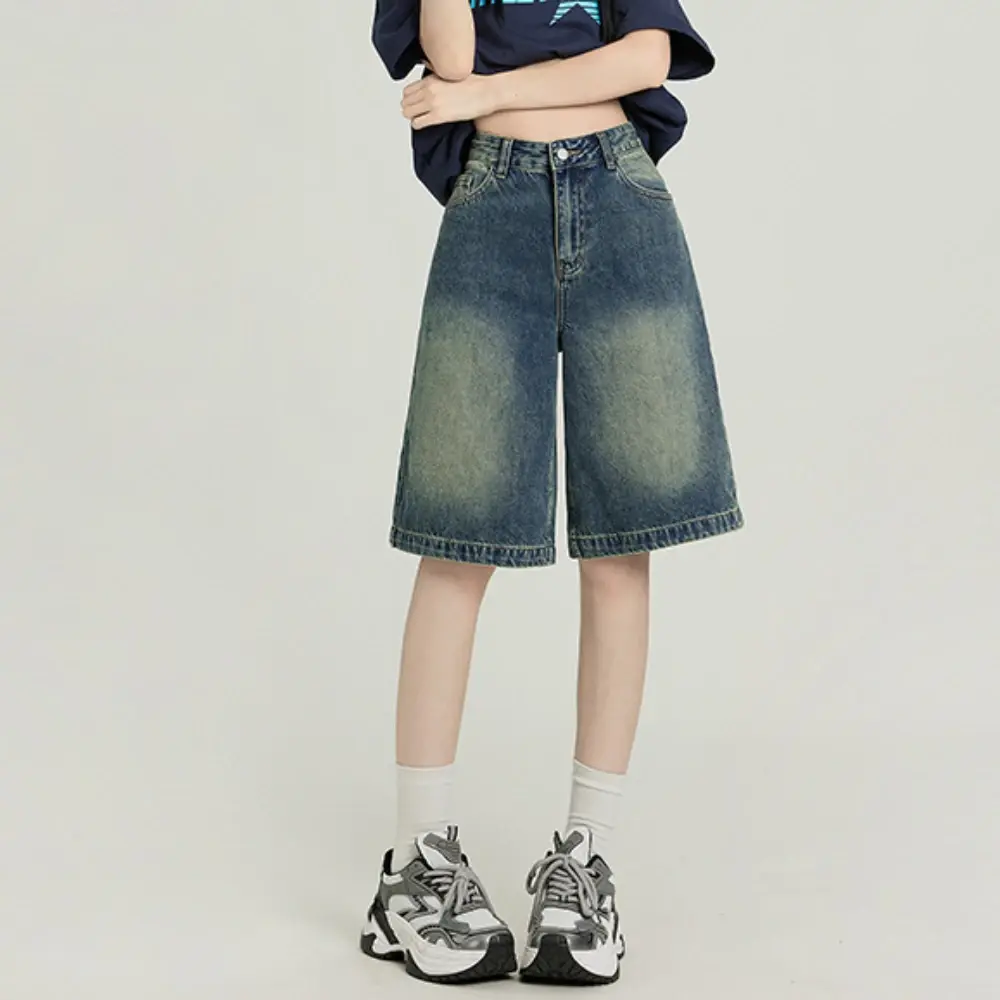 Bleached Vintage Women Knee Length Jeans Loose Straight Jean High Waist Washed Zipper Fly Pockets Casual Solid 2025 Summer