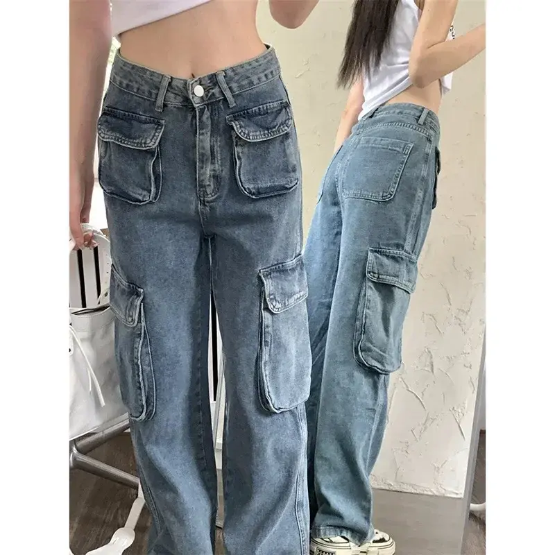 Jeans Women Mom Washed Ankle Length Denim Straight Jeans Pants Vintage Distressed Pocket High Waist Y2k Zipper Streetwear Spring