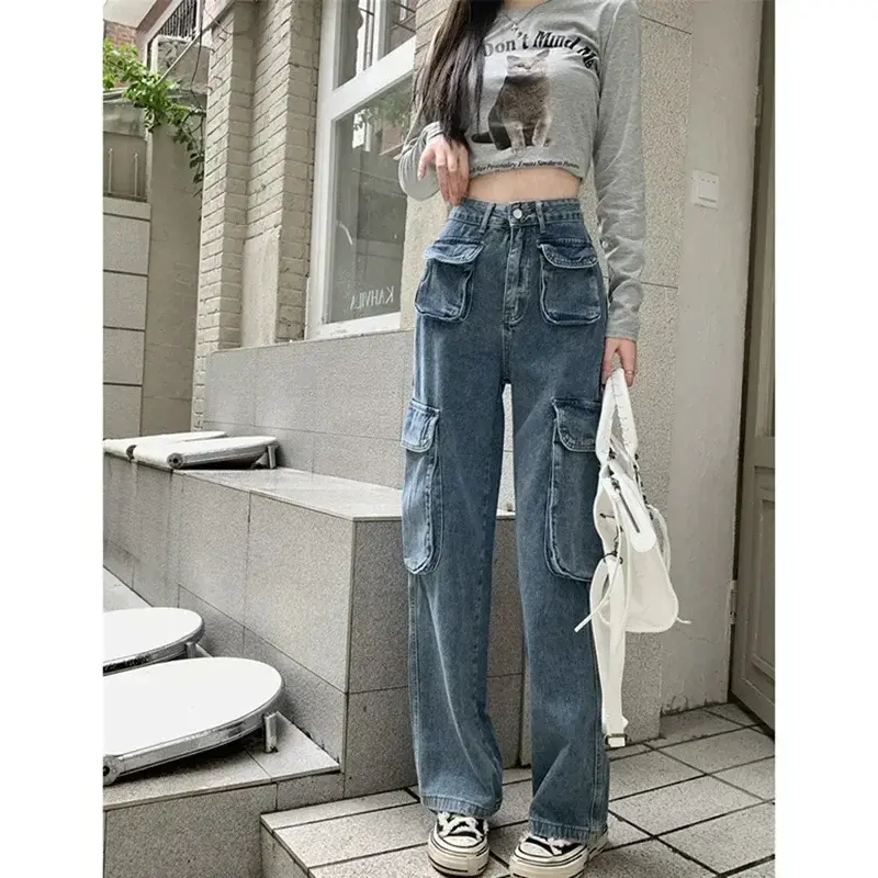Jeans Women Mom Washed Ankle Length Denim Straight Jeans Pants Vintage Distressed Pocket High Waist Y2k Zipper Streetwear Spring