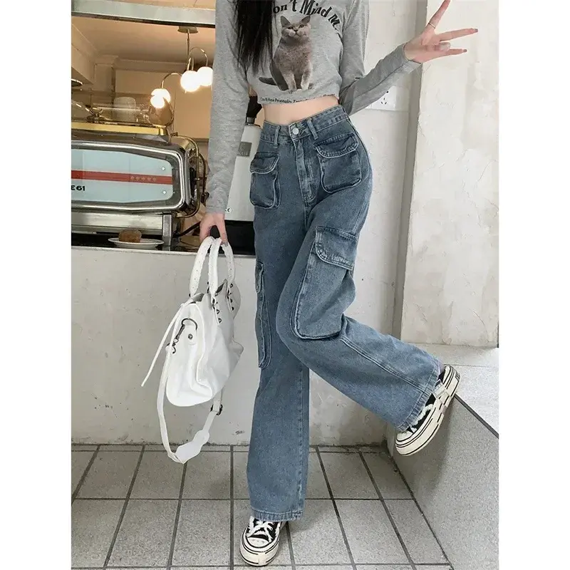 Jeans Women Mom Washed Ankle Length Denim Straight Jeans Pants Vintage Distressed Pocket High Waist Y2k Zipper Streetwear Spring