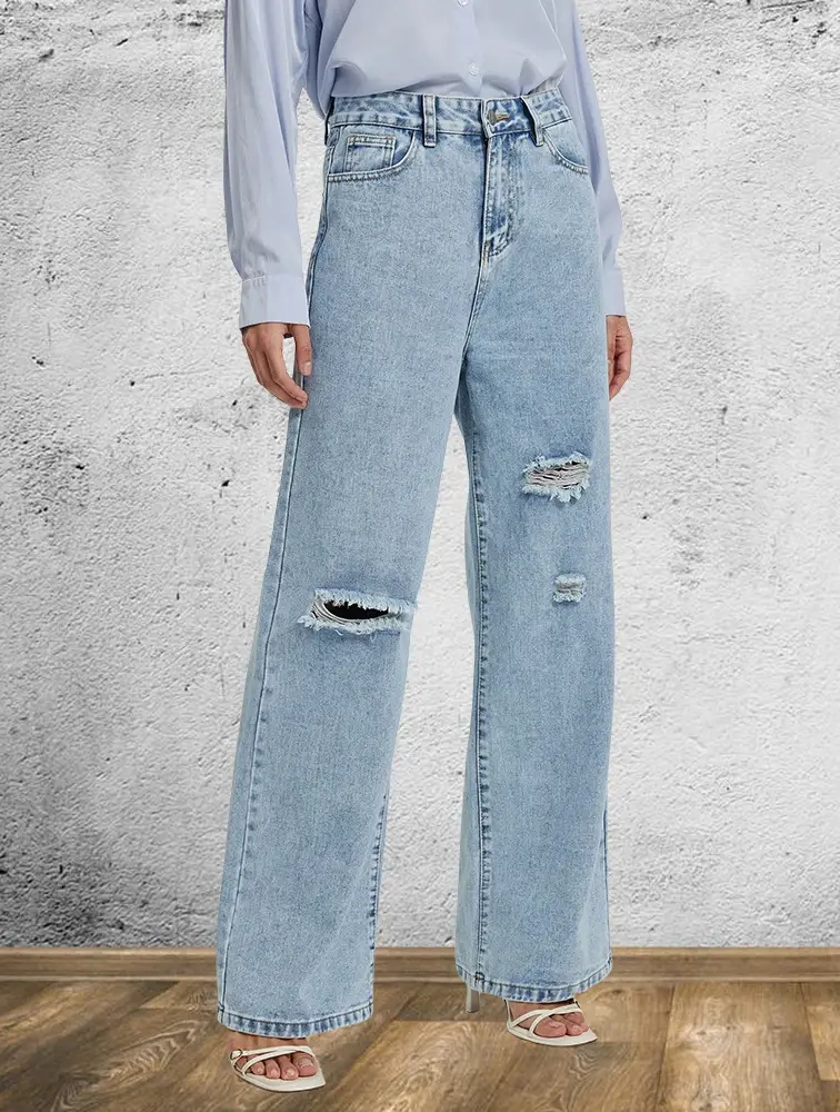Hole Jeans Women Streetwear Wide Leg Pants High Waist Washed Pockets Button Vintage Ripped Denims Mom Y2k Straight Trousers 2025