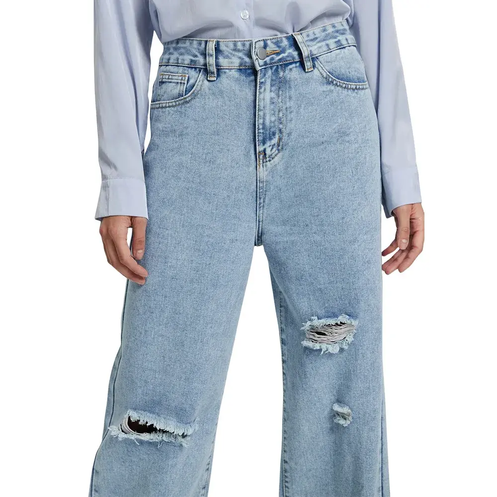 Hole Jeans Women Streetwear Wide Leg Pants High Waist Washed Pockets Button Vintage Ripped Denims Mom Y2k Straight Trousers 2025