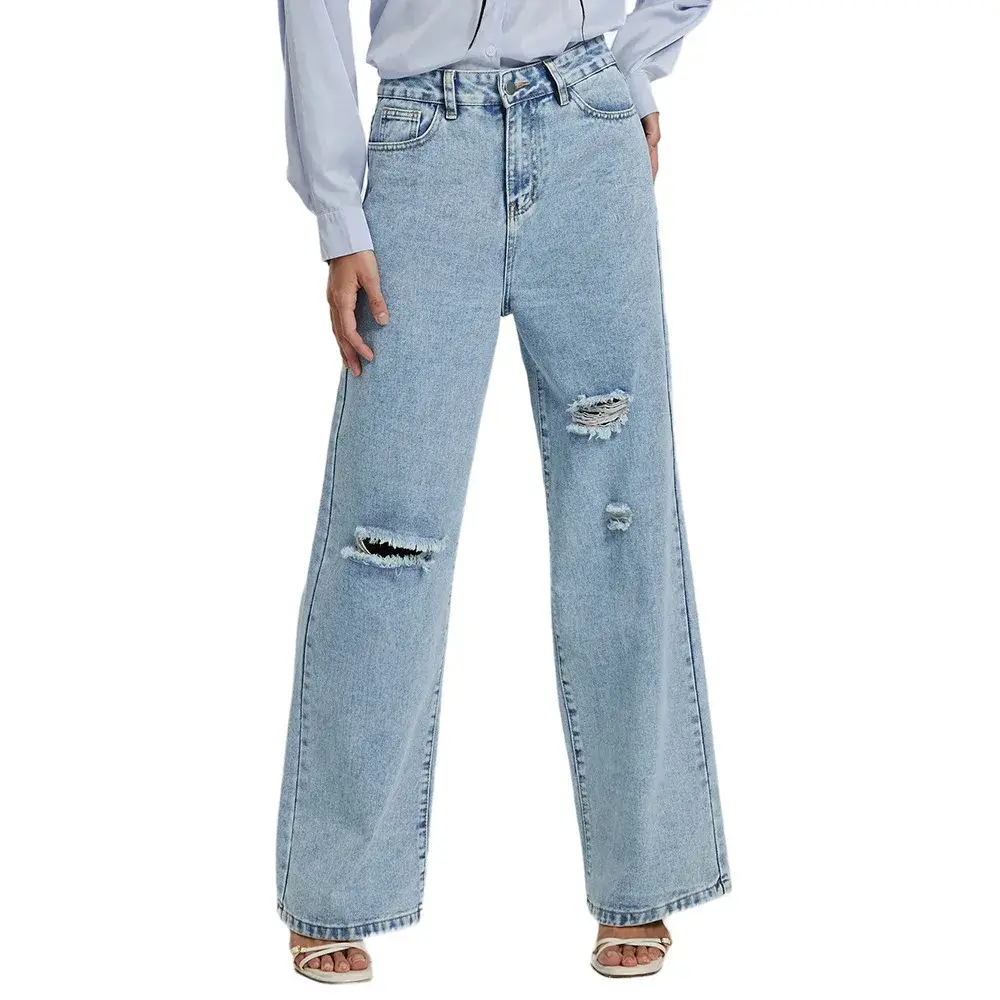 Hole Jeans Women Streetwear Wide Leg Pants High Waist Washed Pockets Button Vintage Ripped Denims Mom Y2k Straight Trousers 2025