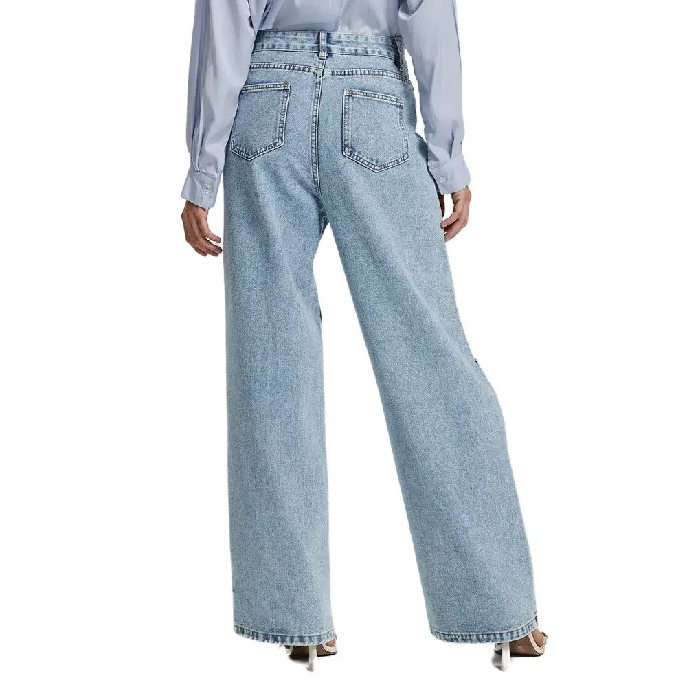Hole Jeans Women Streetwear Wide Leg Pants High Waist Washed Pockets Button Vintage Ripped Denims Mom Y2k Straight Trousers 2025