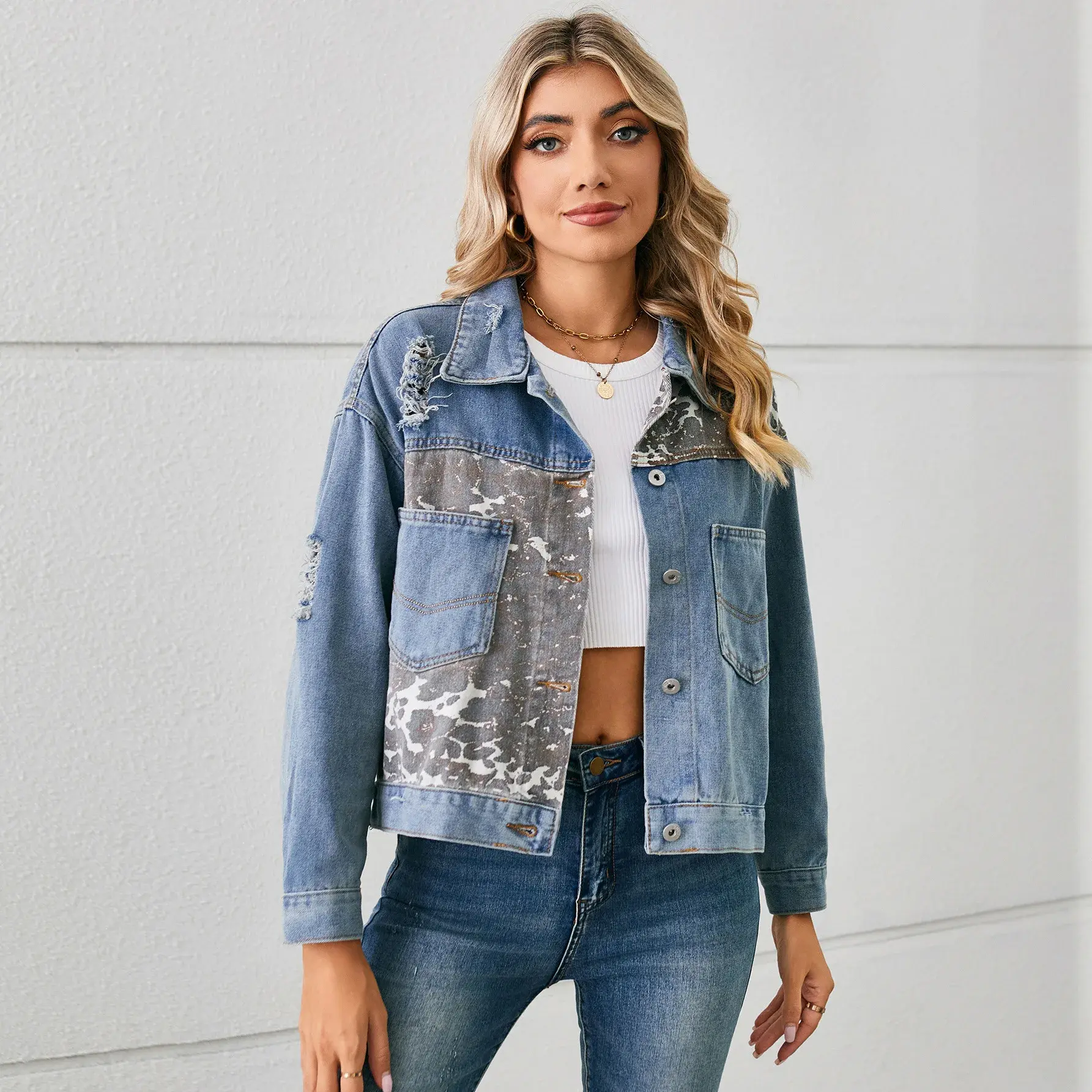 Women Denim Coat Full Length Single Breasted Jackets Cardigan Outerwear High Street Pockets Washing Slim Print Button 2025