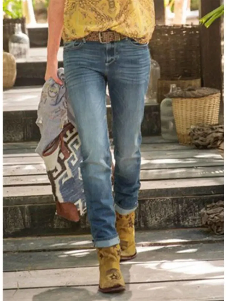 Denim Straight Pants Women Mom Jeans Mid Waist 2025 Streetwear Washed Distressed Pockets Y2k Vintage Ankle Length Trousers