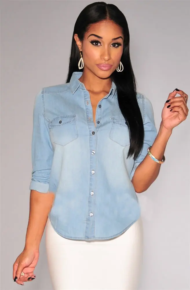 Shirts Women Blouses Shirt Long Sleeve Turn Down Collar Single Breasted Button Denim Blouses Y2k Color Slim High Street Pockets