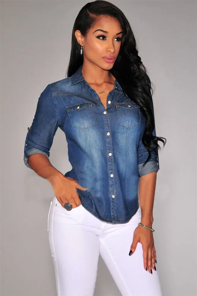 Shirts Women Blouses Shirt Long Sleeve Turn Down Collar Single Breasted Button Denim Blouses Y2k Color Slim High Street Pockets