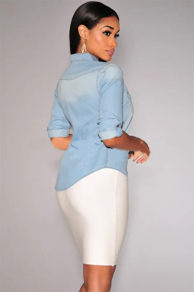 Shirts Women Blouses Shirt Long Sleeve Turn Down Collar Single Breasted Button Denim Blouses Y2k Color Slim High Street Pockets