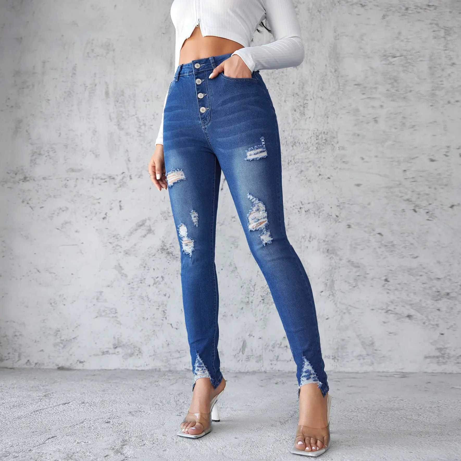 Bodycon Pencil Pants Women Jeans Ankle Length Denim Pants High Waist Mom Jeans Button Bodycon Ripped Vintage Casual Sumnmer
