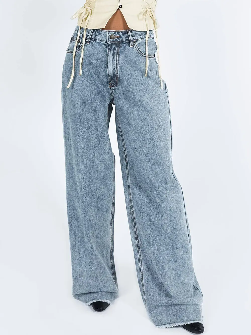 Jeans Women Wide Leg Pants Washed Distressed Mid Waist Mom Y2k Vintage Denims Straight Trousers 2025 Streetwear Floor Length