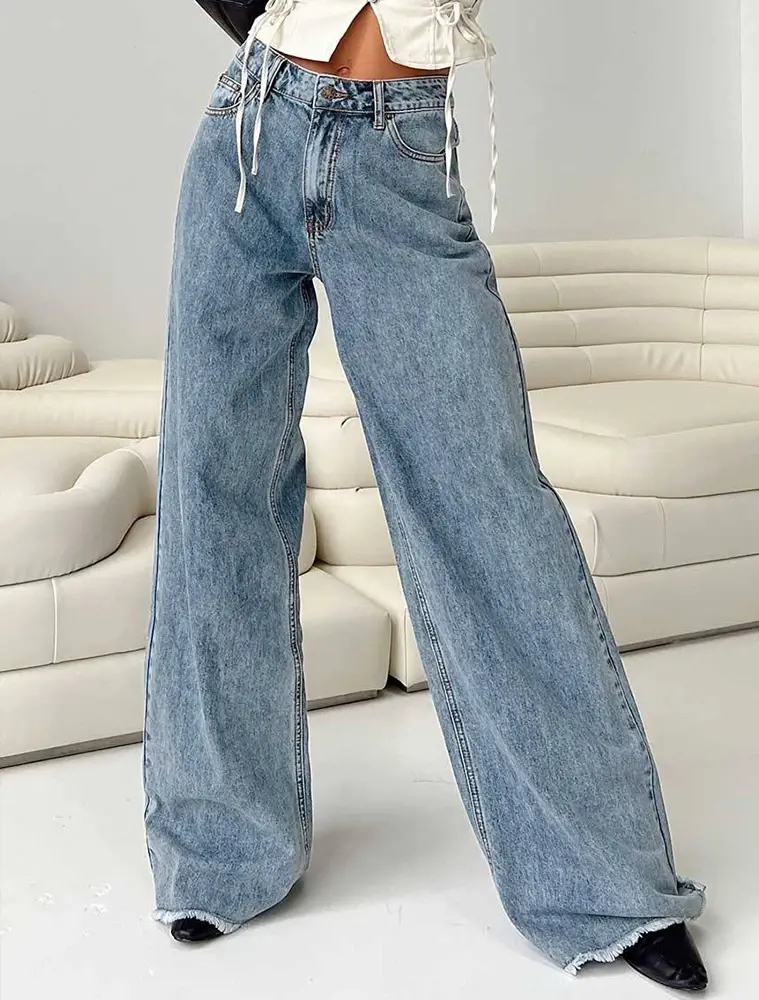 Jeans Women Wide Leg Pants Washed Distressed Mid Waist Mom Y2k Vintage Denims Straight Trousers 2025 Streetwear Floor Length