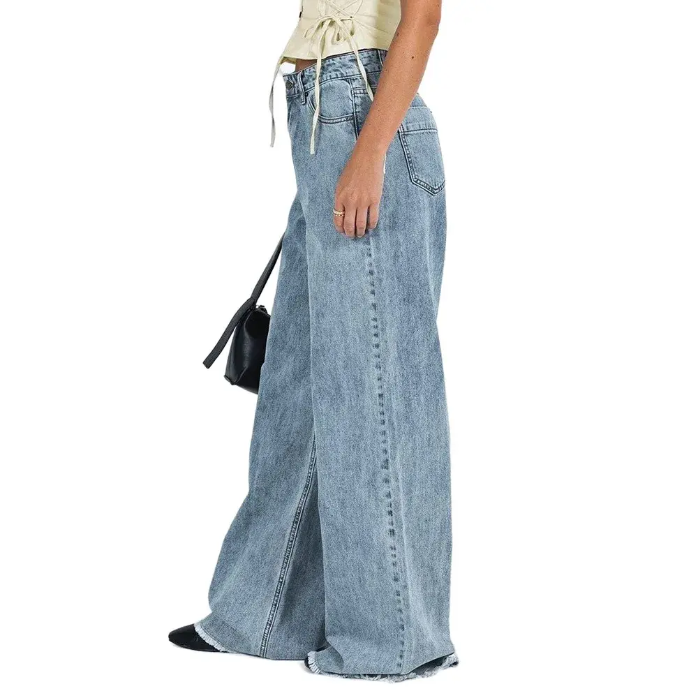 Jeans Women Wide Leg Pants Washed Distressed Mid Waist Mom Y2k Vintage Denims Straight Trousers 2025 Streetwear Floor Length