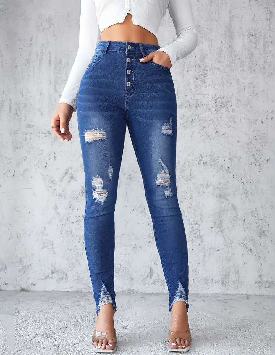 Bodycon Pencil Pants Women Jeans Ankle Length Denim Pants High Waist Mom Jeans Button Bodycon Ripped Vintage Casual Sumnmer