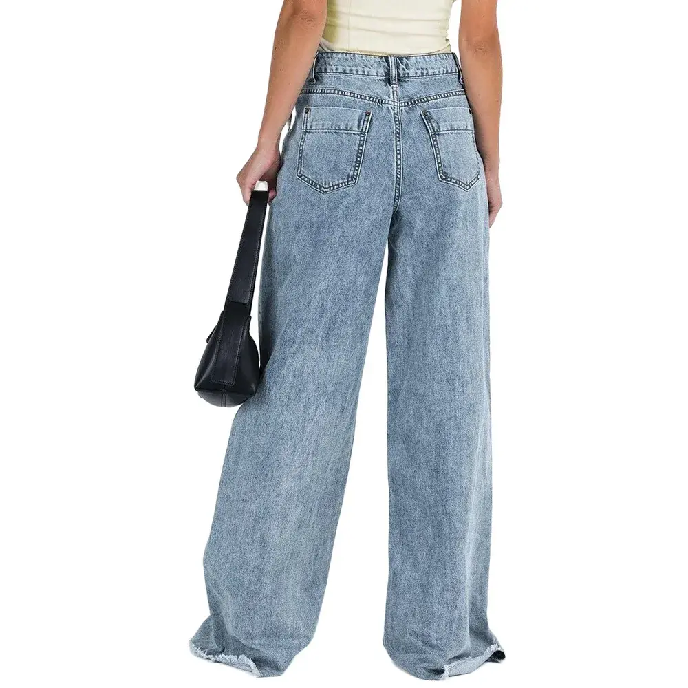 Jeans Women Wide Leg Pants Washed Distressed Mid Waist Mom Y2k Vintage Denims Straight Trousers 2025 Streetwear Floor Length