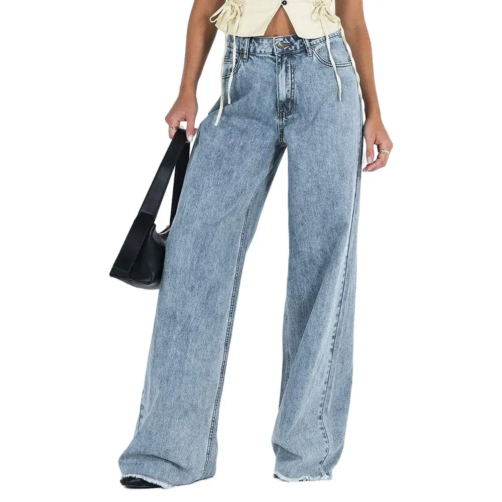 Jeans Women Wide Leg Pants Washed Distressed Mid Waist Mom Y2k Vintage Denims Straight Trousers 2025 Streetwear Floor Length