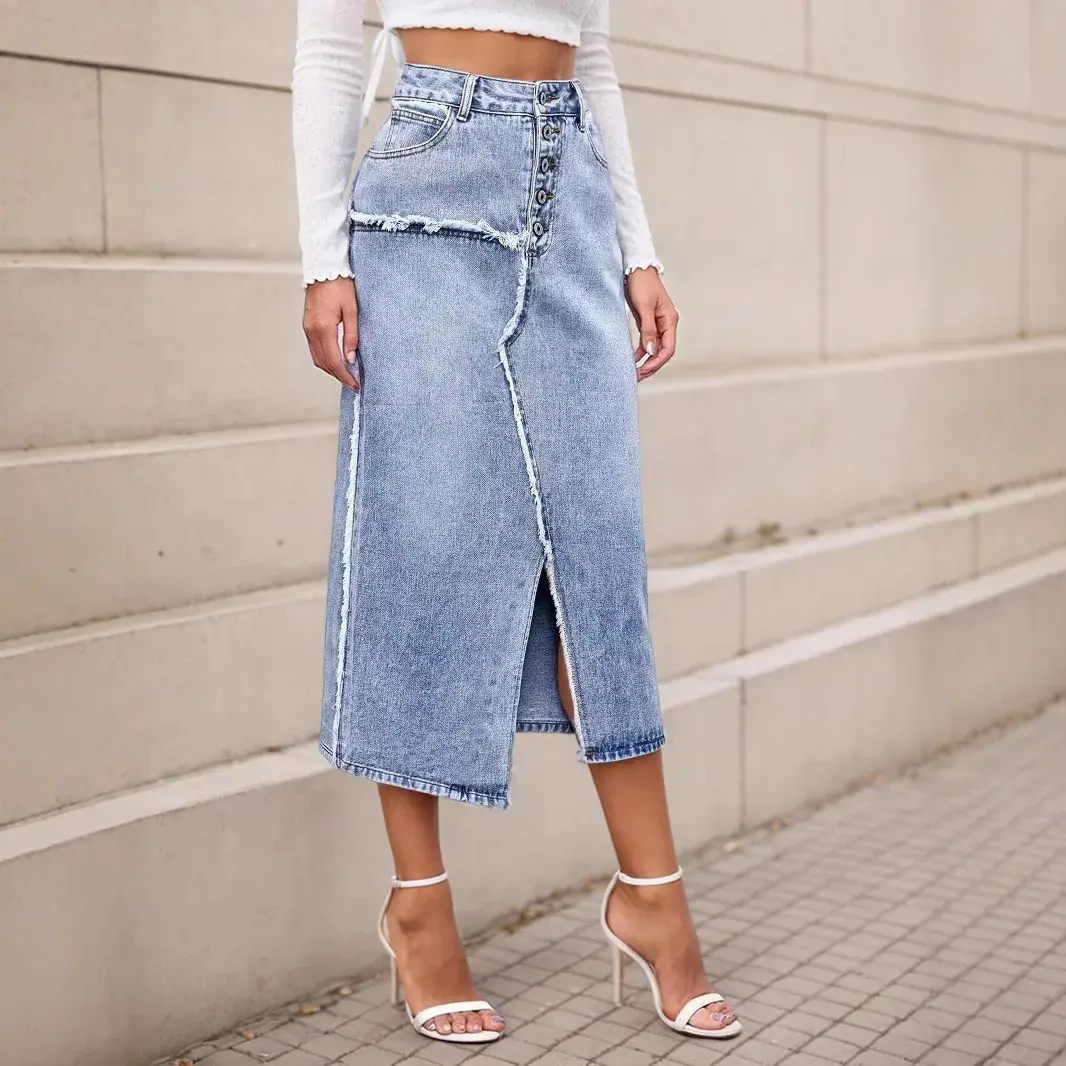 Denim Skirt Women Irregular Mom Jeans Vintage Distressed Washed Pockets Buttons 2025 Y2k Streetwear Split Long Skirts Elegant