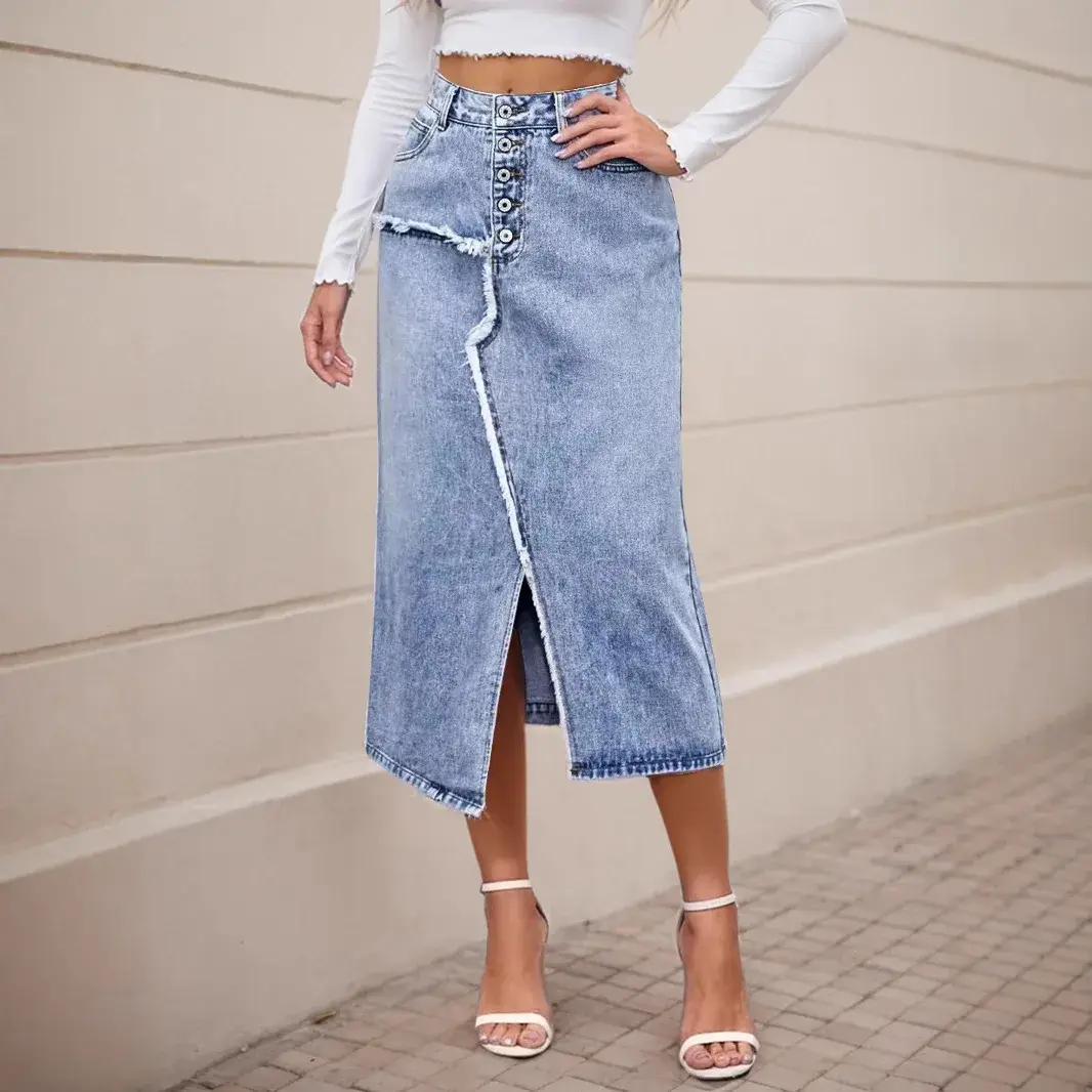 Denim Skirt Women Irregular Mom Jeans Vintage Distressed Washed Pockets Buttons 2025 Y2k Streetwear Split Long Skirts Elegant