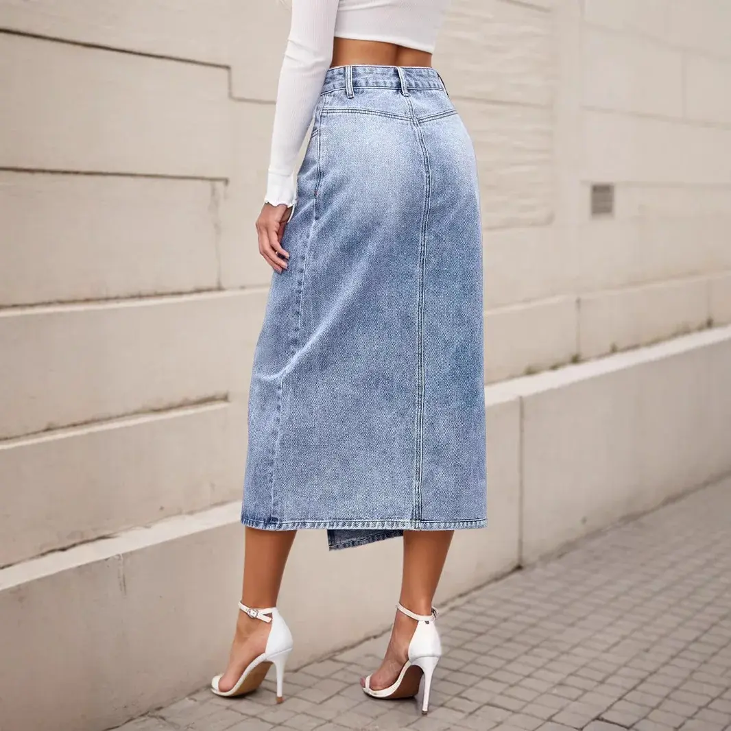 Denim Skirt Women Irregular Mom Jeans Vintage Distressed Washed Pockets Buttons 2025 Y2k Streetwear Split Long Skirts Elegant