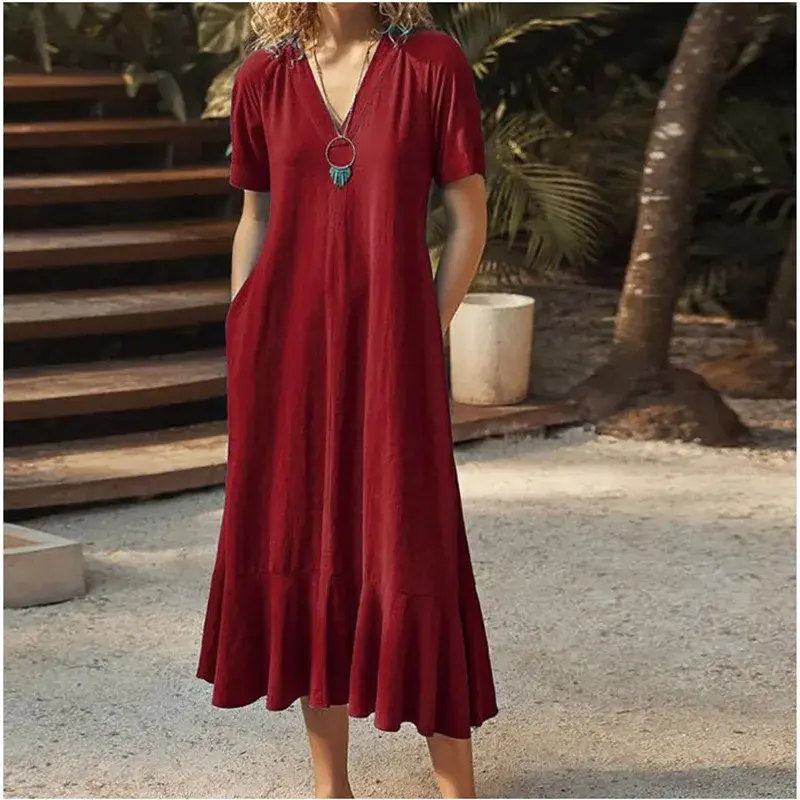 Women A Line V Neck Midi Dress Short Sleeves Long Dresses Maxi Loose Elegant Vestidos Summer New Casual Y2k Streetwear Maxi