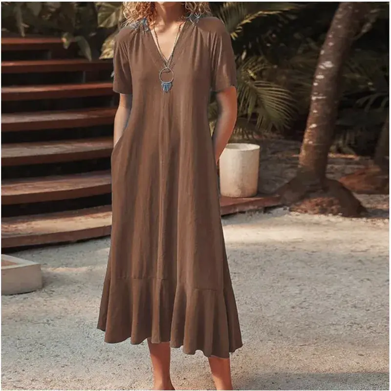 Women A Line V Neck Midi Dress Short Sleeves Long Dresses Maxi Loose Elegant Vestidos Summer New Casual Y2k Streetwear Maxi