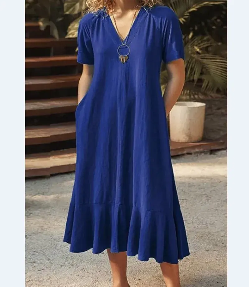 Women A Line V Neck Midi Dress Short Sleeves Long Dresses Maxi Loose Elegant Vestidos Summer New Casual Y2k Streetwear Maxi