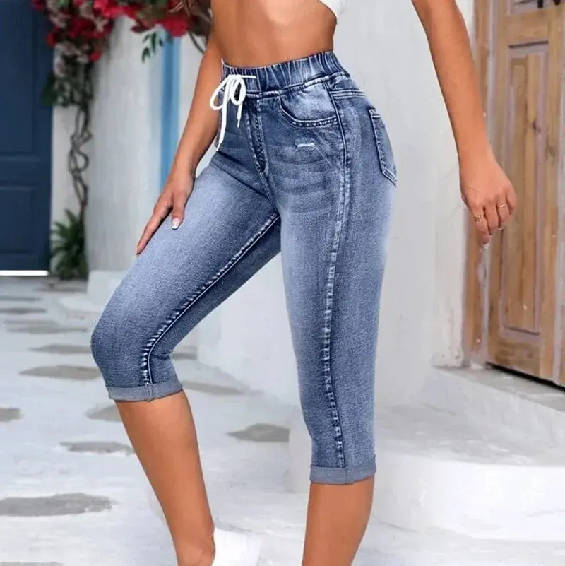 Hole Jeans Women Calf Length Pants Denim Mom Jeans High Waist Drawstring Pockets Vintage Pencil Trousers Streetwear Y2k Summer