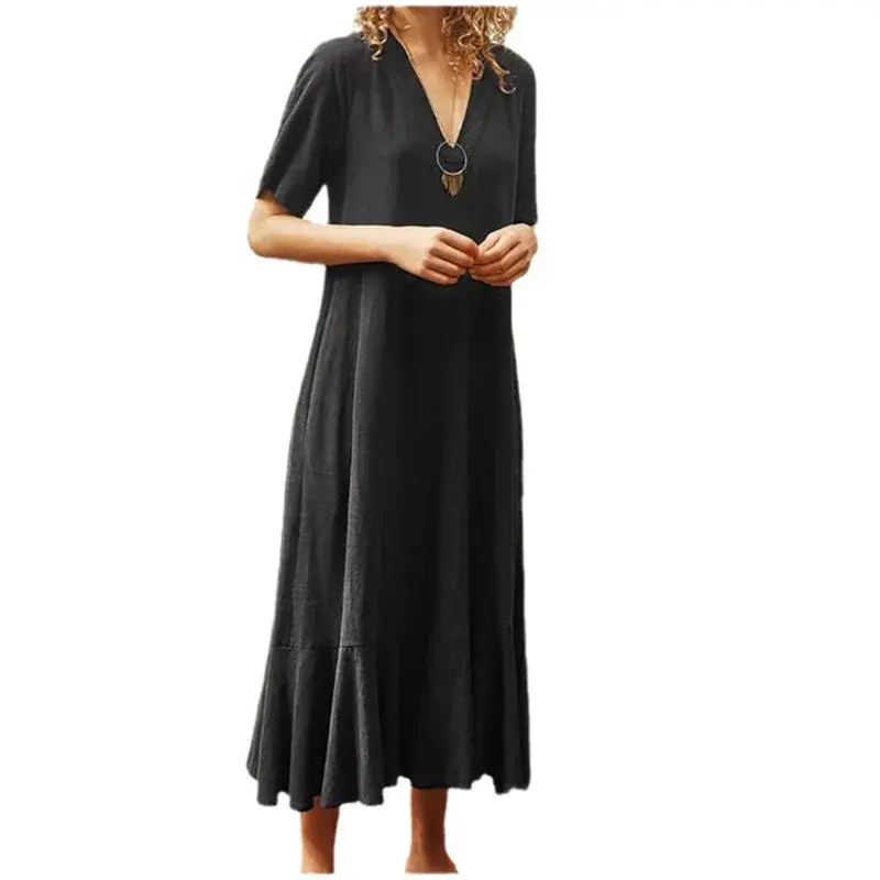 Women A Line V Neck Midi Dress Short Sleeves Long Dresses Maxi Loose Elegant Vestidos Summer New Casual Y2k Streetwear Maxi