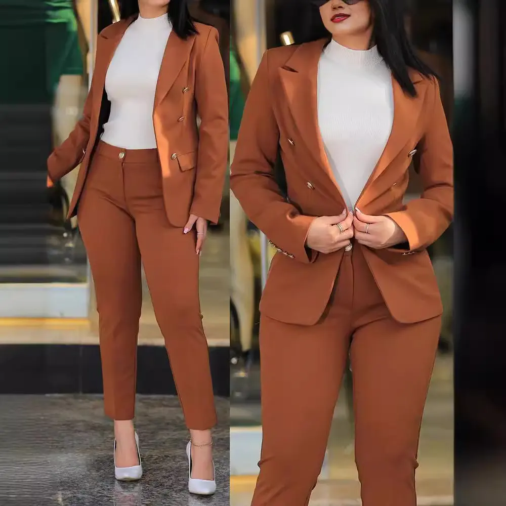 Women Pant Sets Two Pieces Turn Down Collar Double Breasted Outerwear Pockets Solid Pencil Pants Ankle Length Office Lady