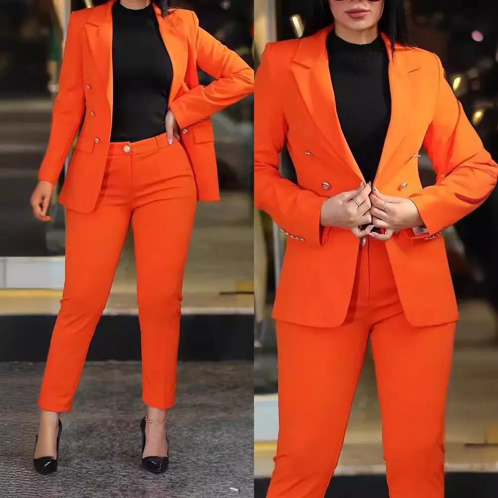 Women Pant Sets Two Pieces Turn Down Collar Double Breasted Outerwear Pockets Solid Pencil Pants Ankle Length Office Lady