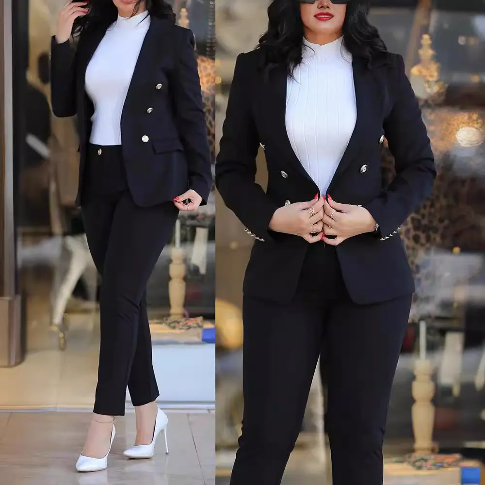 Women Pant Sets Two Pieces Turn Down Collar Double Breasted Outerwear Pockets Solid Pencil Pants Ankle Length Office Lady