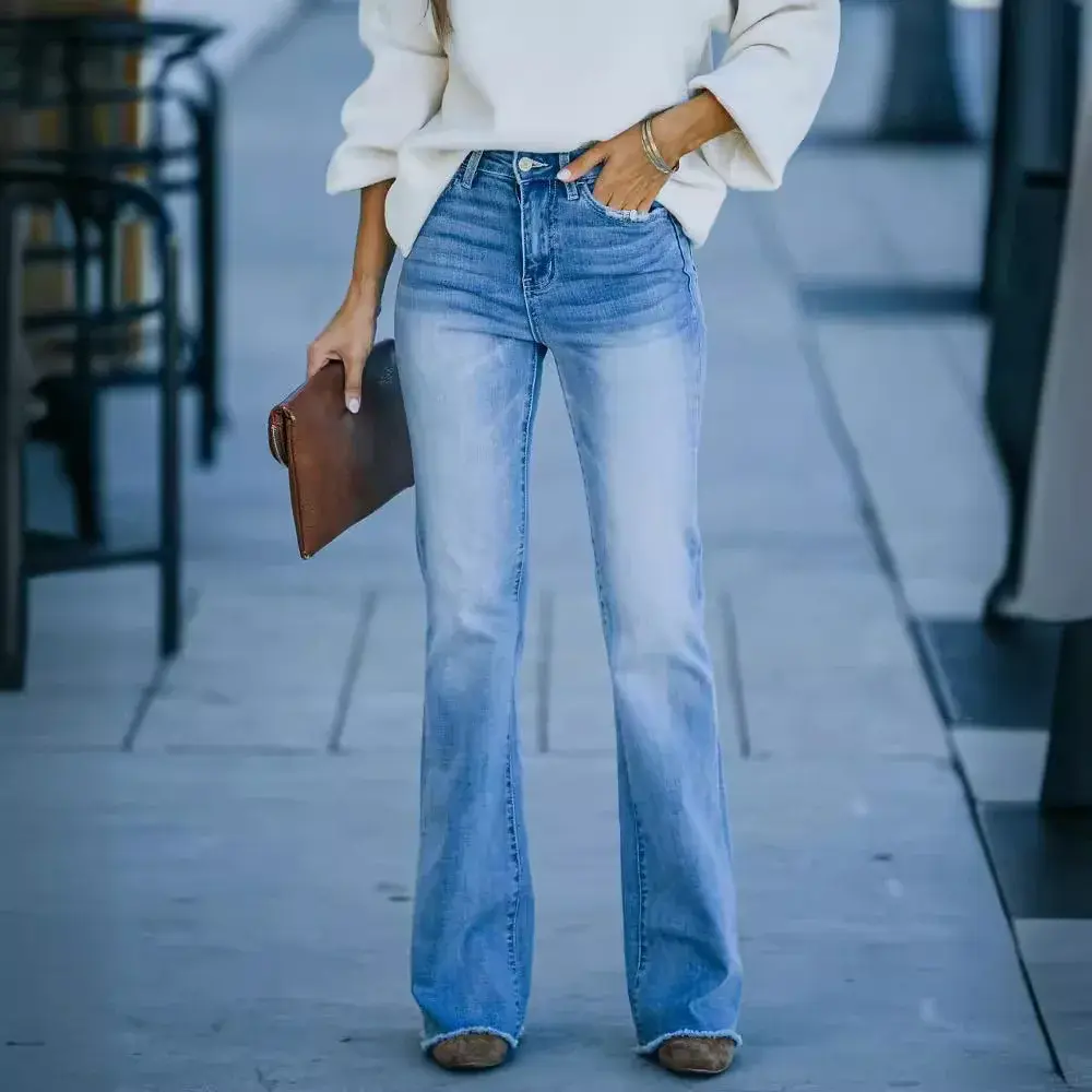 Flare Pants Women Bleached Vintage Jeans Denim Full Length Pants Mom Jeans Washed Loose Zipper Pockets Basics Y2k Streetwear
