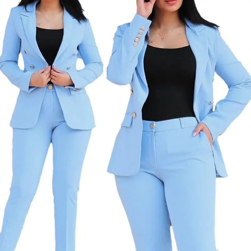 Women Pant Sets Two Pieces Turn Down Collar Double Breasted Outerwear Pockets Solid Pencil Pants Ankle Length Office Lady